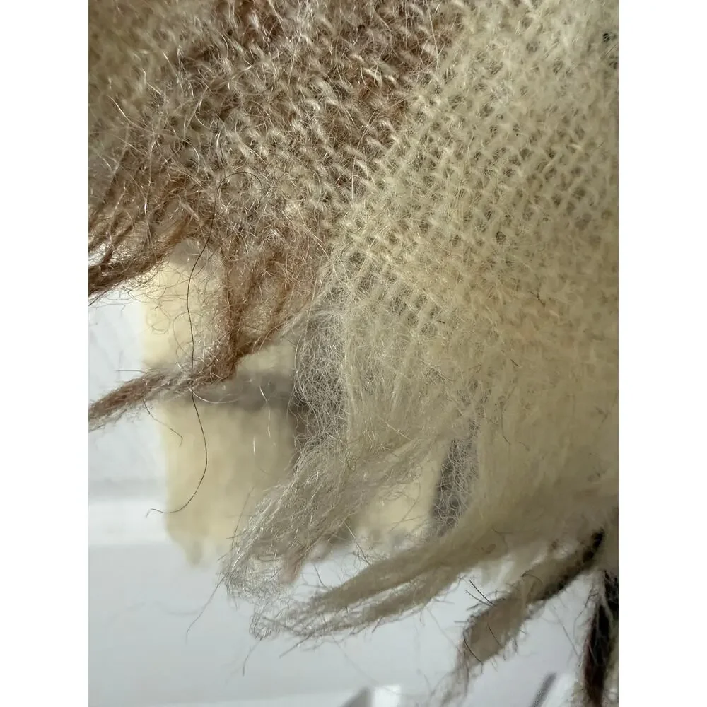 Handwoven Icelandic Wool Cream Brown‎ Plaid Scarf Fringe Minimalist Iceland Made